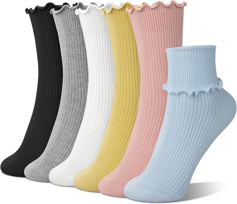 Socksfad Store 6 Pairs Cute Floral Ruffle Crew Socks Women, Breathable Cotton Novelty Casual Girls Above Ankle Funny Socks US 5-10 - Image 1